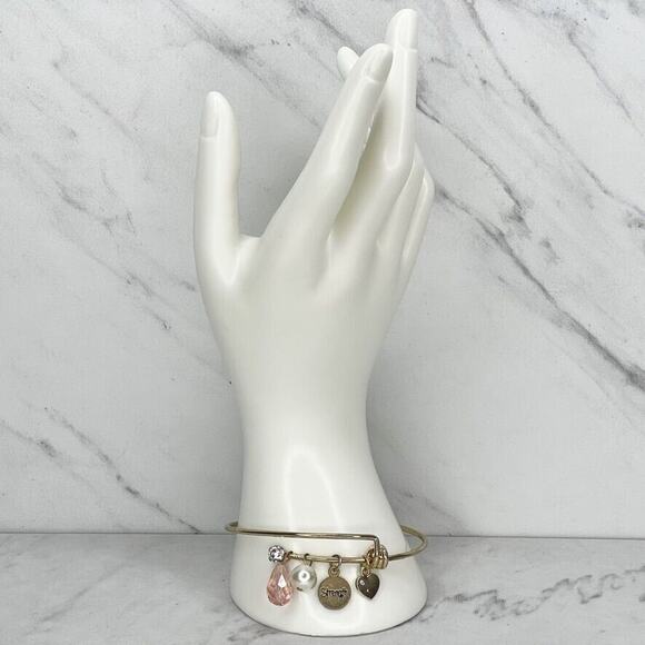 Rhinestone Faux Pearl Heart Strength Charm Beaded Bangle Bracelet - Picture 2 of 12